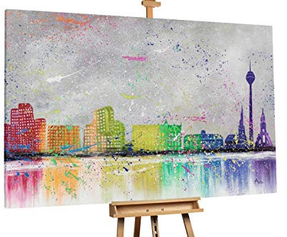 KunstLoft® XXL Gemälde 'Buntes Düsseldorf' 180x120cm | original handgemalte Bilder | Skyline Bunt Grau | Leinwand-Bild Ölgemälde einteilig groß | Modernes Kunst Ölbild