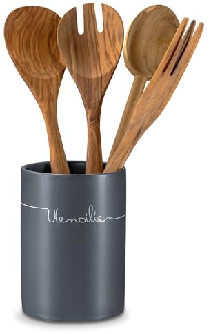 KHG Utensilienhalter Küche Keramik Steingut poliert, Küchen Utensilienhalter Anthrazit Grau mit Beschriftung, Kapazität für ca. 8 Küchenhelfern, Küchen Halter rund Höhe 14 cm & 10,5 cm