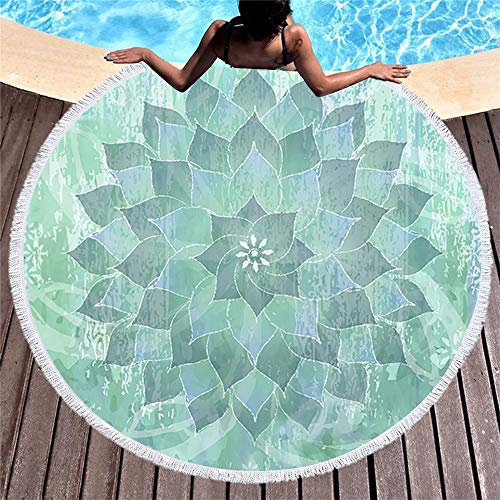 Strandtuch Rund 150 Mandala Böhmen, Morbuy Handwerk Quaste Mikrofaser Strand Yoga Matten Tragbare Tapestry Überwurf Tischdecke Picknickdecke Badetuch Schal 2 Clips (150cm,Grüner Lotus)