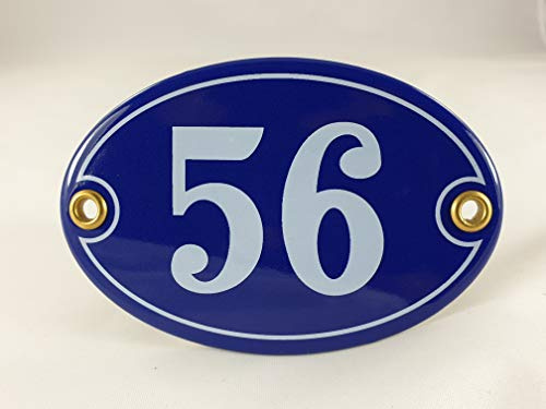 Emaille Hausnummer Schild Nr. 56, oval, Blau-Weiß mit Schrauben und Dübel Handarbeit