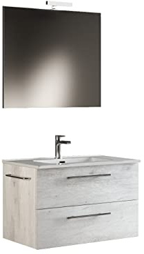 Mama Store ERA 80 - Mobile Bagno Sospeso 80 CM QUERCIA BIANCO con Lavabo, Specchio e Lampada LED, L.81 X P.47 X H.53 cm