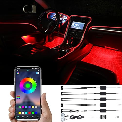 TABEN Auto-Umgebungslicht-Kit, 8 Meter integrierte Glasfaser mehrfarbige Fußraum-Atmosphäre-Beleuchtungs-Kits, Musik-Sync-Rhythmus-Sound-aktive Speicherfunktion, Bluetooth-APP-Steuerung, DC 12V-24V