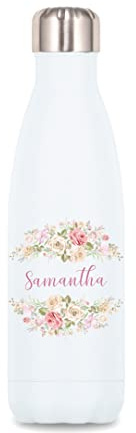 C27 Bouteille isotherme Cercle Fleurs Roses personnalisée avec le prénom de votre choix