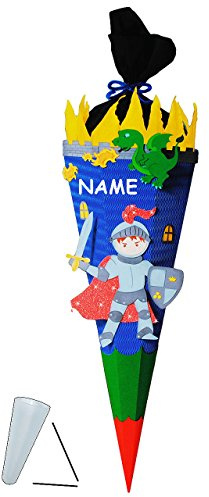 alles-meine.de GmbH BASTELSET Schultüte Ritter & Drache - 85 cm - incl. Namen - mit/ohne Kunststoff Spitze - Zuckertüte zum selber Basteln - 6 eckig/blau - Jungen - Ritte..