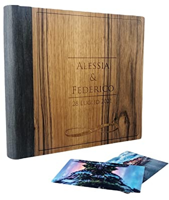 Álbum de Fotos en Fina Piel Sintética Efecto Madera, con Aplicación de Madera Personalizable Ideal para Bautismo, Boda, Comunión y foto recuerdo.