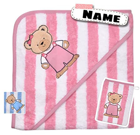 Kapuzenhandtuch personalisiert mit Waschlappen Set | Baby Badetuch 80 x 80 cm Kapuzenbadetuch Baby | Bestickt mit Name | Baby Handtuch mit Kapuze | Baby Erstausstattung | Teddy (rosa Streifen)
