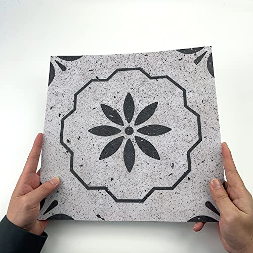 Alwayspon Carreaux de sol autocollants en vinyle PVC imperméable, antidérapant, avec crédence épaisse, autocollants à décoller et coller, 30 x 30 cm, fleurs de ciment noir et blanc