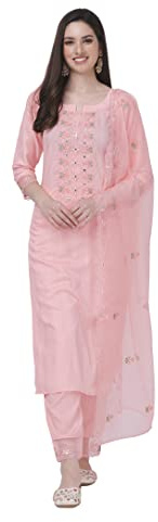 TRENDMALLS Women's Cotton Embroidery Kurta Pant Suit Set (TM.G103-LightPink-XXL)