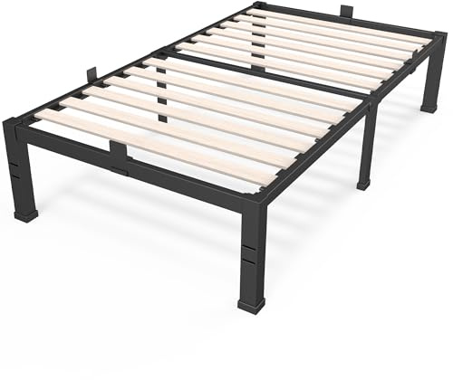 ROIL 14 inch Twin Size Bed Frames with Wide Wood Slats - 3500lbs Heavy Duty No Box Spring Needed Platform, Mattress Stoppers Single Metal Noise Free, Headboard Hole Underneath Storage