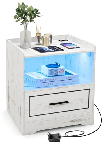 GIANTEX Table de Chevet avec Lumière LED 3 Couleurs Induction Automatiquement, 2 Ports USB PD 3.0 Charge Rapide, Table de Nuit avec Tiroir, 45 x 40 x 50 cm, Blanc