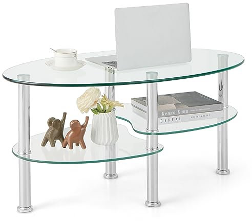 COSTWAY Couchtisch Glas, Glastisch oval, Wohnzimmertisch mit 2 Ablagen, Sofatisch, Kaffeetisch, Beistelltisch für Wohnzimmer, 89 x 50 x 45 cm