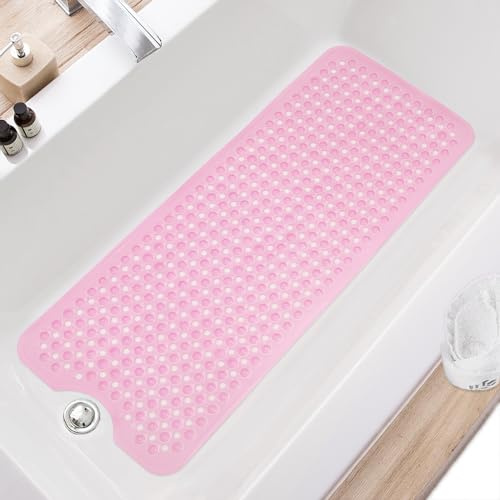 TEESHLY Bath Tub and Shower Mats, Non Slip 40 x 16 Inch Extra Large Bathtub Mat, Machine Washable Bathmat with Drain Holes, Suction Cups for Bathroom Floor (Pink (Translucent))