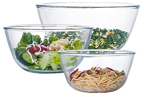 Glas-Rührschüssel-Set, 3-teilig, für Küche, Backen, Vorbereiten, Servieren, Kochen, 1,1 QT, 2,5 QT, 4,2 QT, großes Salatschüssel-Set, hohe Brosilikatschüssel-Set, stapelbar, ungiftig