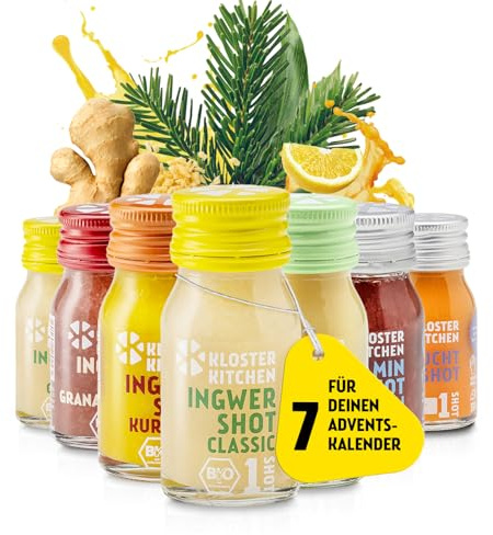 Calendario de Adviento DIY para rellenar uno mismo para adultos, hombres y mujeres | Kloster Kitchen Bio jengibre Shot Mix | 7 botellas de 30 ml con trozos de jengibre auténticos I Botella de cristal