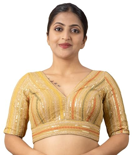 FIGURE'S DESIGNER Women's Sequin Embroidered Georgette V Neck Elbow Half Sleeve Readymade Saree Blouse Ethnic Designer Stitched Top Padded (34, Gold)