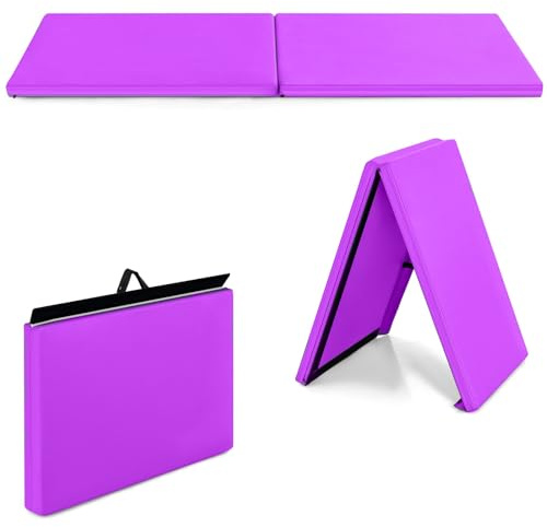 GYMAX Tapis de Gymnastique Épais Pliable 180x60x5cm, Combinaisonable avec Attache Auto-Agrippante, Housse en Simili Cuir, Portable avec Poignées de Transport, pour Yoga Fitness Étirement (Violet Vif)