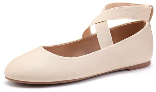 MaxMuxun Womens Ballerina Ankle Elastic Crossing Strap Round Toe Comfy Pump Shoes