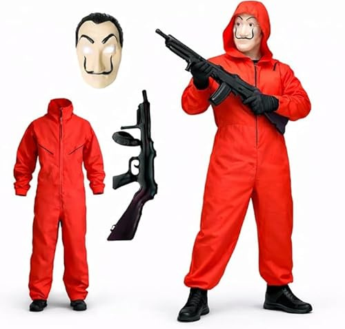 FASCHINFEVER Hus av pengar, kostym-set – 3-i-1 set – med Dali-mask, overall, röd unisex, gevär uppblåsbar för halloween, karneval som utklädnad för män och kvinnor (180–200 cm)