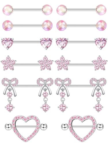 CASSIECA 6 Paar 14G Nippelpiercing Zungenpiercing Chirurgenstahl für Damen Brustwarzenpiercing Herz Nippel Ringe Blume Bogen Nippel Bars mit Rosa CZ-Anhänger Barbell Piercing Körperschmuck Set
