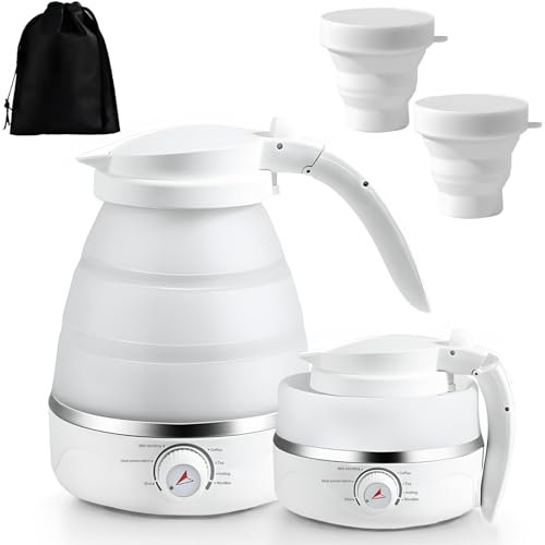 Hervidor de agua plegable, 600 ml, hervidor de agua de viaje pequeño, hervidor de agua de camping con base de acero inoxidable, 2 vasos plegables, hervidor de agua portátil para viajes al aire libre