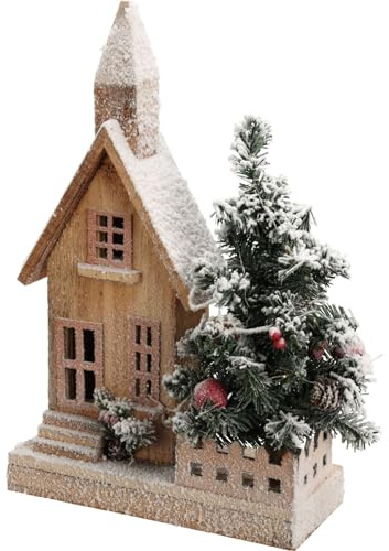 Carousel Home LED Wooden Christmas House with Tree | Snow-Covered Light Up Christmas House Ornament | Christmas Village Light Up House with Timer - 44cm