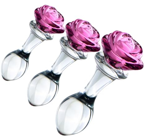 Hanidoll 3-Piece Rose Glass Anal Plug Set – Glas Dildo Buttplug Trainer, Rose Analplug Prostata Massagegerät Anal Dilator für Männer Frauen Masturbatoren klein Mittel groß Tail Plug Sexspielzeug