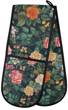 Oven Gloves Double Oven Gloves Botanical Floral Green Oven Mitts Pot Holder Heat Resistant Quilted for BBQ Baking Kitchen Cooking Gloves