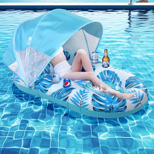 Pool Lounge Float with UPF50+ Awning, Extra Large Swimming Pool Floating Chair, Heavy Duty, Inflatable Recreational Floating Chair with Cup Holder and Backrest, Footrest
