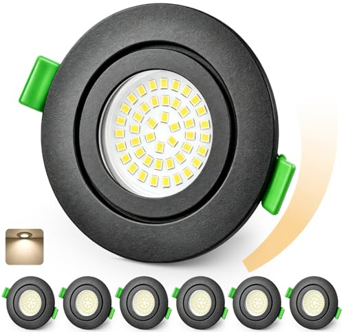 KYOTECH LED Einbaustrahler 230V Dimmbar 60-75mm IP65 Nicht Drehbar 6er Set | Schwarz Ultra Flach LED Spots, 5W Bad Einbauleuchten Deckenspots, Neutralweiß 4000K Einbauspots für Badezimmer Wohnzimmer
