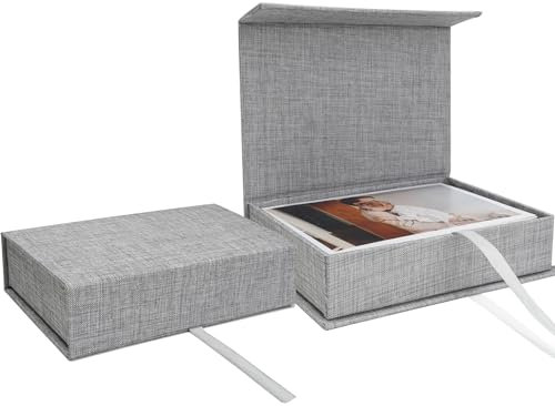 Vienrose Scatola Portafoto in Lino, 10 x 15 cm Box Foto Scatola e Memory Box per Foto, Immagini e Cartoline, Scatola Ricordi Regalo, Grigio