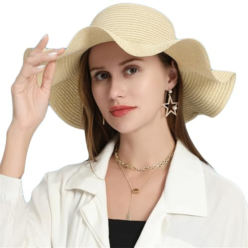 Strohhut Damen Breite Krempe Sonnenhut UPF 50+ Sommerhut UV Schutz Strohmütze Faltbar Strandhut Mädchen Sommer Strandhut Elegant Westernhut Frauen Strandkappe Panama Hut für Strand Outdoor Beige