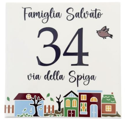 Numero Civico in Ceramica, Targa Decorativa PERSONALIZZABILE,Numero Civico su Mattonella in Ceramica 11x11cm, con Indirizzo e Nome Famiglia Personalizzato, made in italy STILE Contemporaneo
