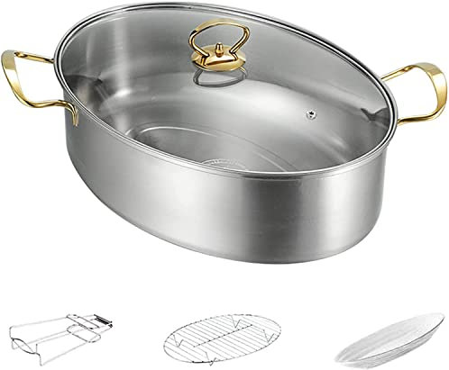 ZOLPINL Pentola per Pesce al Vapore in Acciaio Inox 304, Set di pentole da Cucina ovali da 8 QT con griglia, Padella in Ceramica, vaporiera per Pesce al Vapore, zuppa bollente, Manico Dora