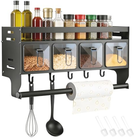 OJTOJT Gewürzregal Wand ohne Bohren, Multifunktionales Küchenregal mit Transparenten Gewürzboxen, Edelstahl & Aluminium Gewürz Organizer mit Haken und Küchenrollenhalter (mit 4 Gewürzbox)