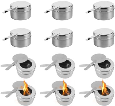 12 pcs Stainless Steel Fondue Burner, Fuel Paste containers with Cover Straight Type Spirit Burner Warming Container for Fuel Paste Buffet Accessories for hotpot drypot Grilled Fish Camping