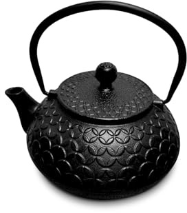 H&H Teiera in Ghisa Smaltata 0,80 L con Filtro in Acciaio Inox, Colore Nero, Adatta a Tutti i Piani Cottura, Incluso Induzione