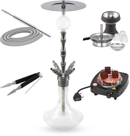 Cachimba Praedo Gris 72 cm 4 Personas con Hornillo Eléctrico 500W | Set Completo con Chimenea, Cazoleta de Piedra, Molasse Catcher, 1 Manguera, 1 Boquilla, Pinza, Base de Vidrio