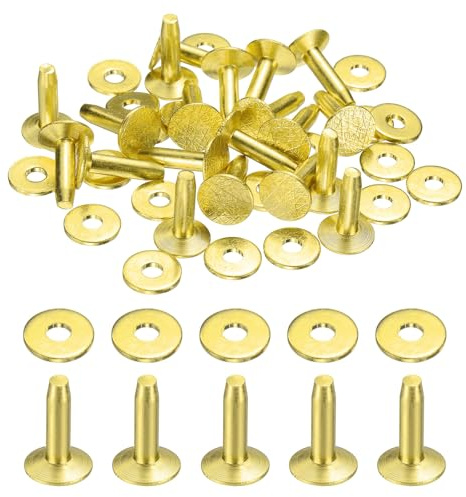 sourcing map 20Set Copper Rivets and Burrs Washers 9x3.3x12mm Dimpled Finish Copper Solid Leather Rivet Fastener Studs Posts for Leather DIY Craft Belts Wallets Collars, Gold Yellow