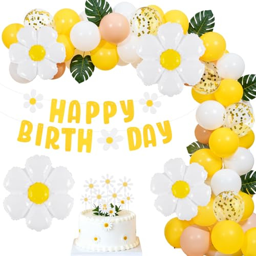 Ainiv Globos Aluminio Margaritas, Globos de Cumpleaños Decoracion | Juego de Globos Pancartas Alegres Adorno para Tarta de Margaritas, Decoración Bohemia para Cumpleaños