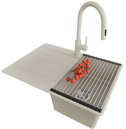 PRIMAGRAN Fregadero Granito Beige 70x50cm, Cocina 1 Seno + Grifo 40x20cm + Sifón + Enrollable Escurridor, Sobre Encimera al Mueble 40cm - Copenhague Top S142