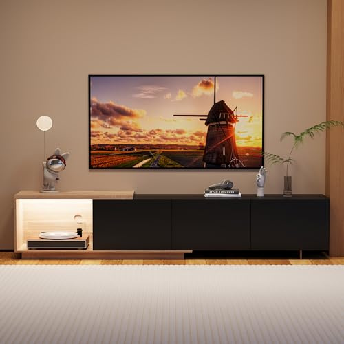 BSCFHCZ Meuble TV avec LED - Longueur : 180 cm - Pour TV jusqu'à 70 - Pour salon, chambre à coucher, salle à manger - Noir - 180 cm