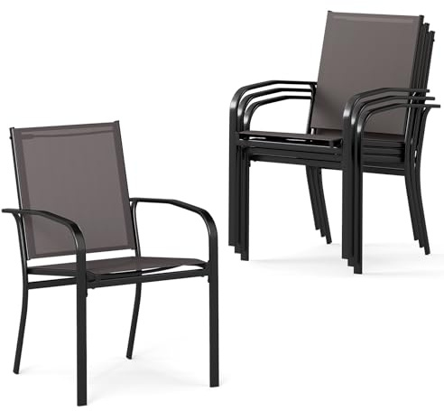 COSTWAY Stapelbara Trädgårdsstolar Set om 4, Bekväma Terrassstolar med Ergonomiska Ryggstöd och Armstöd, Robust Metallram, Lätta Balkongstolar för Inomhus och Utomhusbruk, Grå