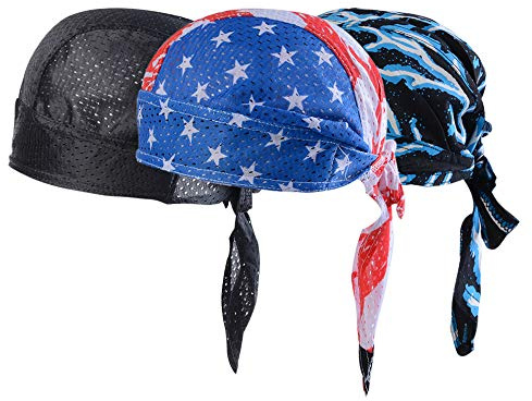 Vertvie 3 stycken huvuddukar andas sport bandana keps bikerhandduk bandanas hatt cykling mössa män kvinnor, Svart + flaggtryck + blixttryck, one size