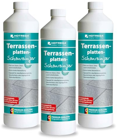 HOTREGA Terrassenplatten-Schonreiniger 3x 1L | Steinreiniger Konzentrat | Pflege für beschichtete & imprägnierte Steinflächen | Ohne Säure & Chlor | Ergiebigkeit bis 600 m² | Schonende Reinigung