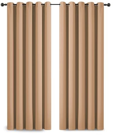 Yorkshire Bedding Blackout Curtains Ring Top - Eyelet Thermal Insulated Readymade Door Curtains for Bedroom Energy Saving Room Darkening Panels + 2 Tiebacks (Beige, 66x54 (167x137 cm))