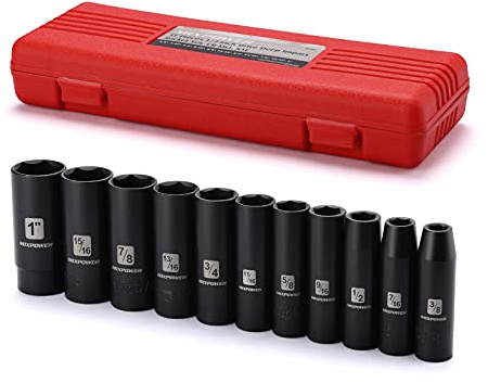 MIXPOWER 11 Pieces 1/2-Inch Drive Deep Impact Socket Set, 3/8-Inch to 1-Inch, CR-V, SAE, 6 Point, Deep, 11 Pieces 1/2 Dr. Socket