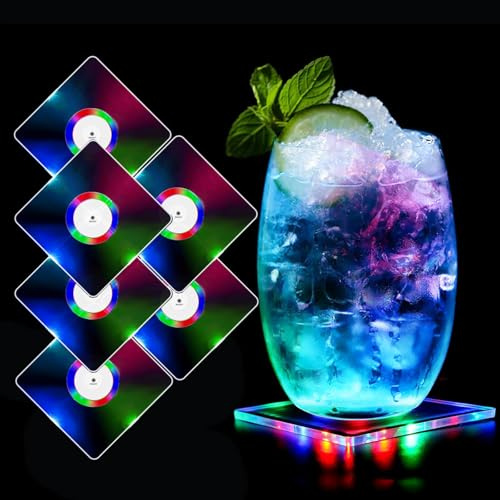 MEDOYOH 6er-Set Quadratisch Bunt LED Untersetzer für Getränke, ON/Off Wasserdicht Acryl Getränke Untersetzer Leuchtende für Gläser Flaschen Partys Hochzeiten Bar Weihnachten