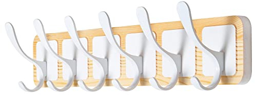 SKOLOO Perchero de madera con diseño grabado, 6 ganchos para colgar ropa, abrigos, sombreros, chaquetas, bufandas, mochilas, pack de 2, color blanco sobre natural