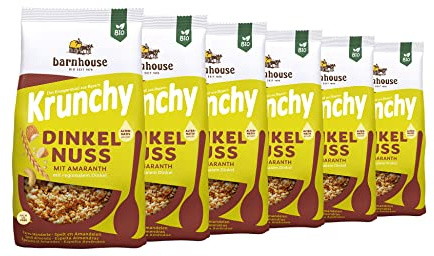 Barnhouse Krunchy Amaranth Dinkel-Nuss, Bio Dinkel-Knuspermüsli aus Bayern, mit knackigen Cashews und Mandeln, alternativ gesüßt, 6 x 375 g