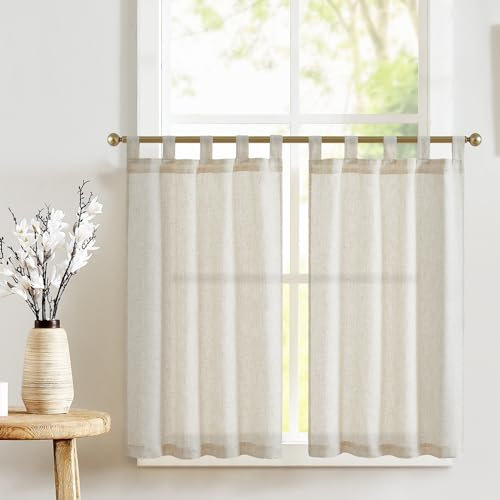 TOPICK Kitchen Curtains 24 Inch Length Linen Textured Bathroom Window Curtains Short Cafe Curtains for Small Window Treatment 2 Panels Crude